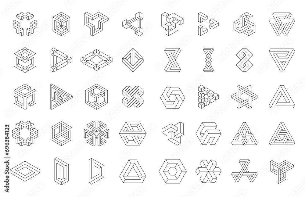 Collection of impossible shapes isolated on white background. Fascinating optical illusions. Line art set.
Vector illustration. Collection of impossible shapes isolated on white background. Fascinating optical illusions. Line art set.
Vector illustration.