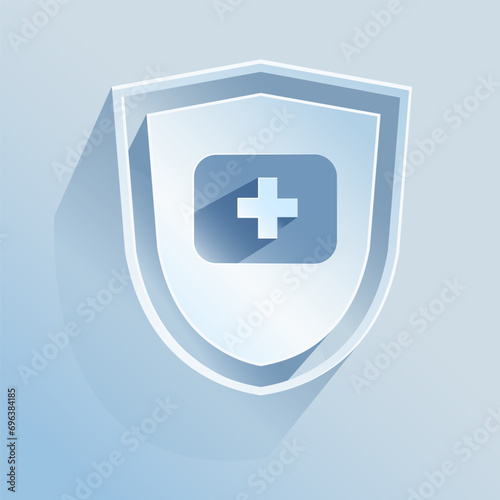 Cardiac arrhythmia, life insurance.
The shield icon is made of paper on a blue background.
Medicine, Safety, life insurance. A vector image.