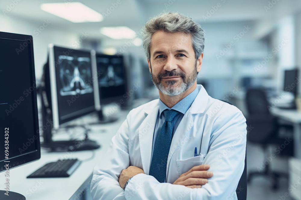 Orthopedic surgeon doctor examining patient joint x-ray bone scan in radiology orthopedic hospital Generative Ai Orthopedic surgeon doctor examining patient joint x-ray bone scan in radiology orthopedic hospital Generative Ai