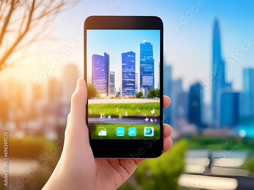 Hand holding tablet pc with map. Hand holding smartphone with megapolice theme on screen over city background. Travel concept