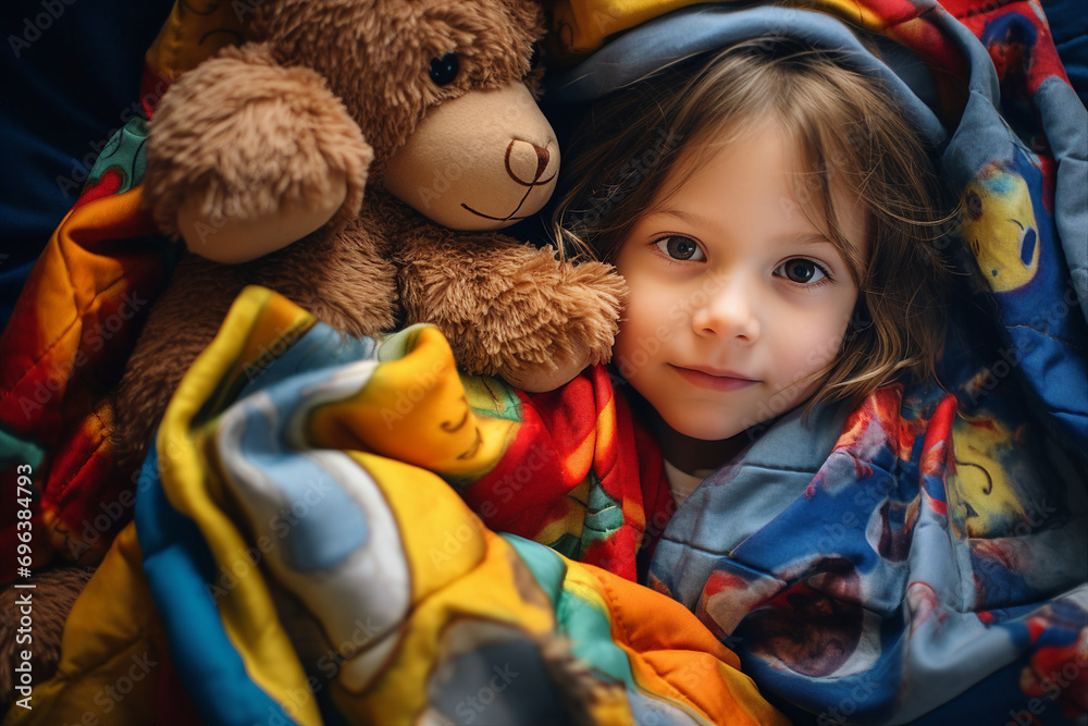 AI generated portrait of cute sweet child wrapped in warm colorful blanket lying in bed at home AI generated portrait of cute sweet child wrapped in warm colorful blanket lying in bed at home