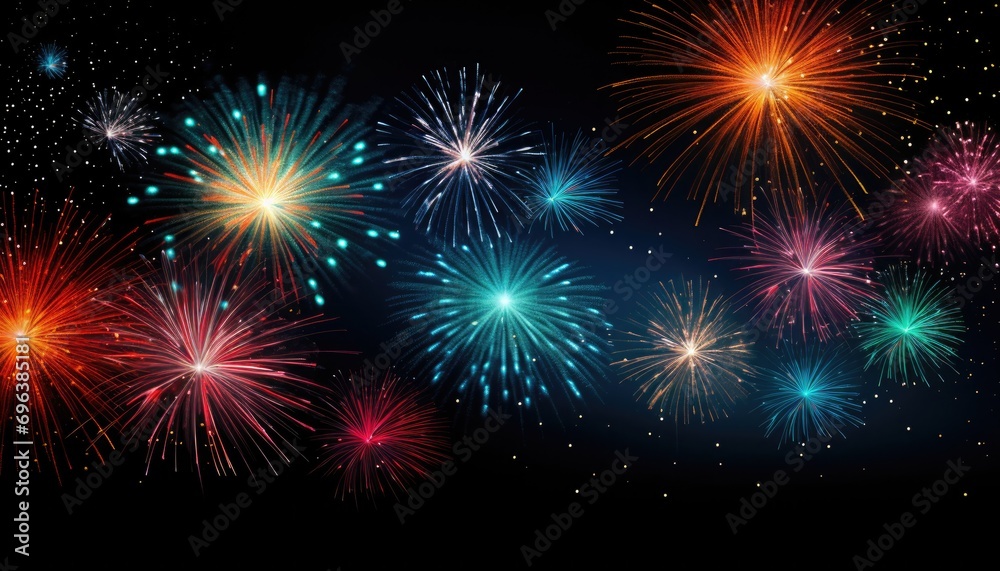Naklejka premium multiple colors fireworks, isolated on black night sky background