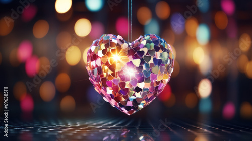 Psychedelic, unreal looking heart-shaped disco ball, colorful bokeh