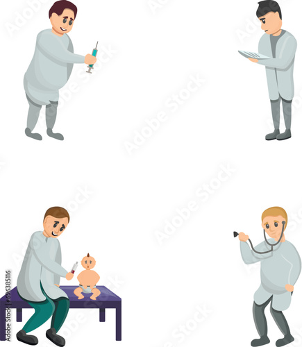 Pediatrics icons set cartoon vector. Doctor examining little patient. Healthcare, medicine