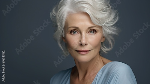 senior woman with white hair and blue eyes