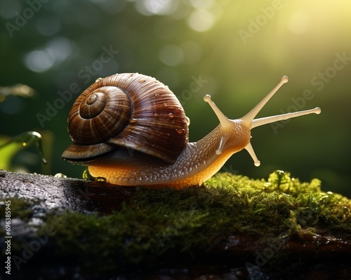 Snail on moss in the forest. Snail in nature.