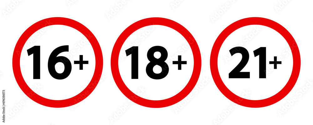 Age restrictions icons set illustration. Films, TV series, cartoons, cinema, genre, viewing, ban, border. Vector icons for business and advertising