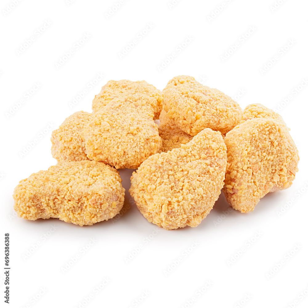 Golden chicken nuggets isolated on white background. Fried crunchy yellow pieces of chicken nuggets in heap. Golden chicken nuggets isolated on white background. Fried crunchy yellow pieces of chicken nuggets in heap.