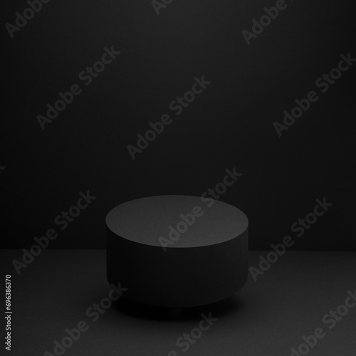 Levitate black round podium, mockup on black background, shadow, square. Template for presentation cosmetic products, gifts, goods, advertising, design, display, showing in rich black friday style.