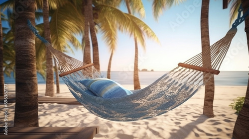 hammock with pillow for relaxing on the beach under palm trees near the ocean with sand