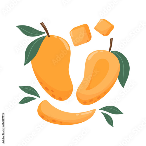 Mango composition with leaves. Set of sweet whole, slice, cube tropical fruit. Summer vitamin vector abstract illustration for banner, poster, flyer, social media. Cartoon flat style.
