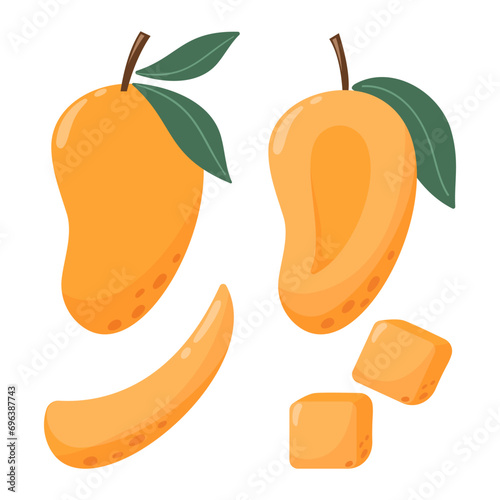 Mango set, whole and slices, vector illustration collection. Seasonal tropical fruits, summer vitamin, healthy food concept. Cartoon flat style