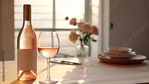 Bottle of wine and glasses on table in kitchen, closeup