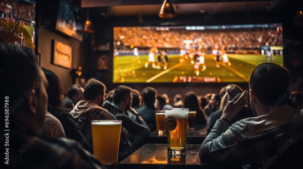 .male fans in a pub sitting with beer, watching football on a large TV screen, side view
