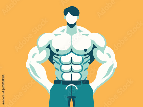 Big White Muscular Six ABs Guy, illustration or Vector Art, Minimalistic Modern Style 