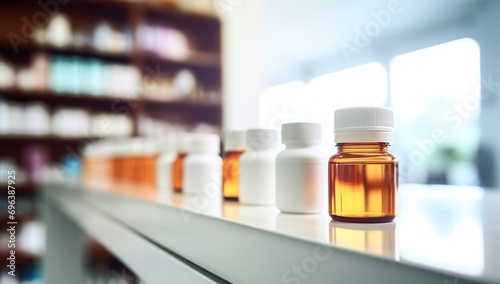 Bottles of medicine on shelf in pharmacy. Health care and medical concept