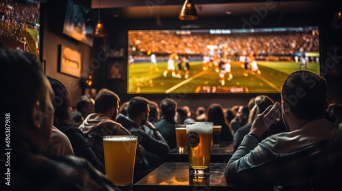 .male fans in a pub sitting with beer, watching football on a large TV screen, side view photo