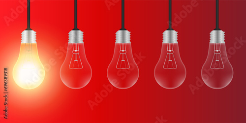 Light Bulbs with Glowing Lamps on Red Background. Decorative Light Bulbs for Christmas Background. Vector Illustration. 