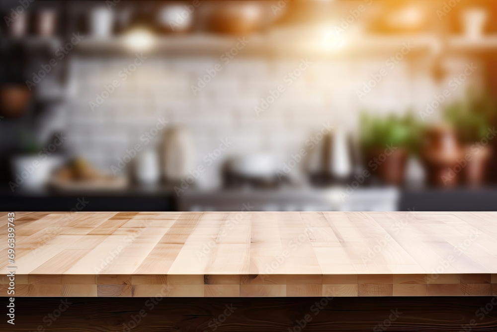 Empty wooden table top with blurred modern kitchen background for mock up and advertisement, interior with equipment for cooking.