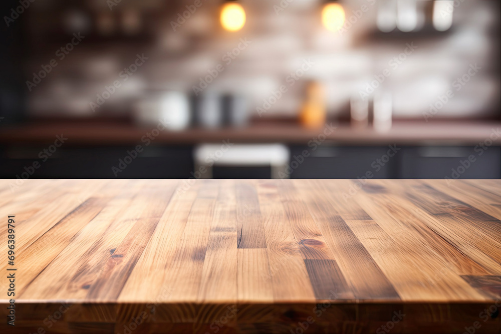 Empty wooden table top with blurred modern kitchen background for mock up and advertisement, interior with equipment for cooking.