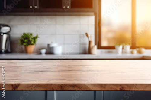 Empty wooden table top with blurred modern kitchen background for mock up and advertisement, interior with equipment for cooking. © TANATPON