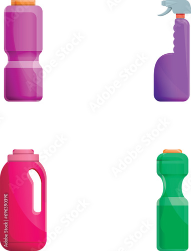 Cleaner icons set cartoon vector. Various plastic detergent bottle. Household cleaning product
