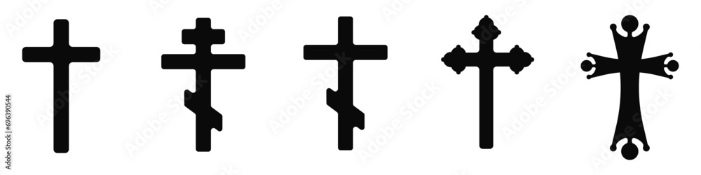 Black crosses vector icons set. Icons of Christian crosses. Orthodox and Catholic crosses. Vector illustration. Black crosses vector icons set. Icons of Christian crosses. Orthodox and Catholic crosses. Vector illustration.