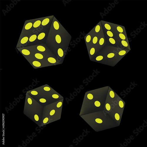 Set of realistic dice with yellow dots illustration. Casino, excitement, gambling, cards, luck, win, bet. Vector icons for business and advertising