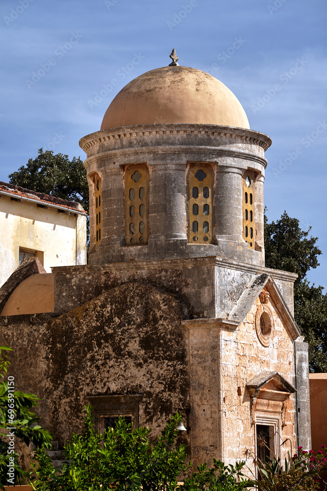 domes of a historic Orthodox church in the historic monastery of Agia Triada on the island of Crete