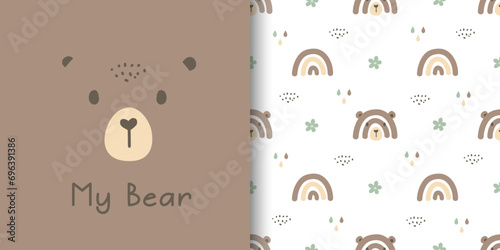 Set of seamless patterns with cute bear and rainbow bear. Cartoon animal background. Designs for fabric, textiles, wrapping, print design and wallpaper. Vector illustration