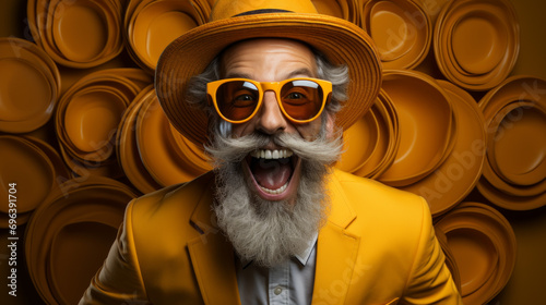 A man wearing a yellow hat and glasses. Funny expression. Large mouth, exaggerated features. Beard and mustache. Laughing like a crazy man. Eccentric.
 photo