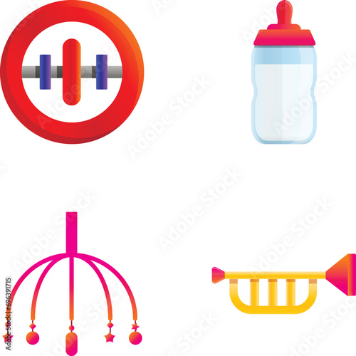 Baby items icons set cartoon vector. Baby care accessory. Childhood concept photo