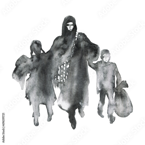 Painting family  woman  girl and boy. Refugees concept. Watercolor silhouettes of mother and children. Hand drawn illustration isolated on white background