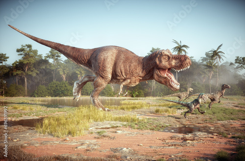 Tyrannosaurus and velociraptor in nature. © Orlando Florin Rosu