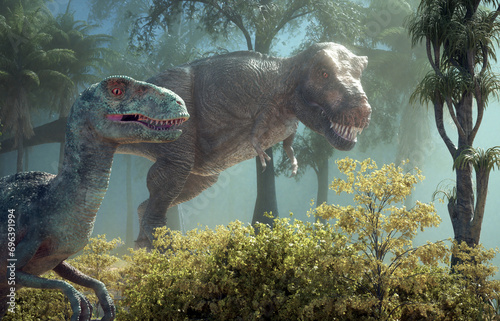 Tyrannosaurus and velociraptor in nature.