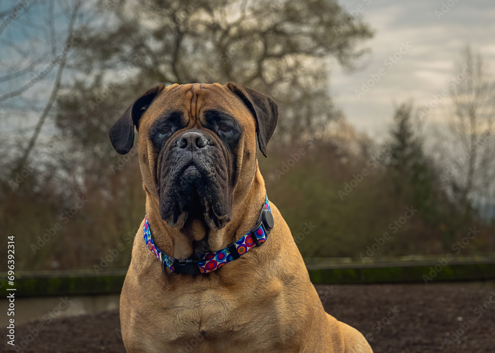 2023-12-18 A FRONTAL PHOTO OF A LARGE FAWN COLORED BULLMASTIFF STARING INTO THE CAMERA WITH A BLURRED OUT VARIETY OF TREES AND A NICE SKY ON MERCER ISLAND WASHINGTON
