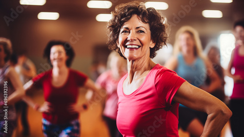 Portrait of smiling senior woman in fitness studio with group of people exercising 