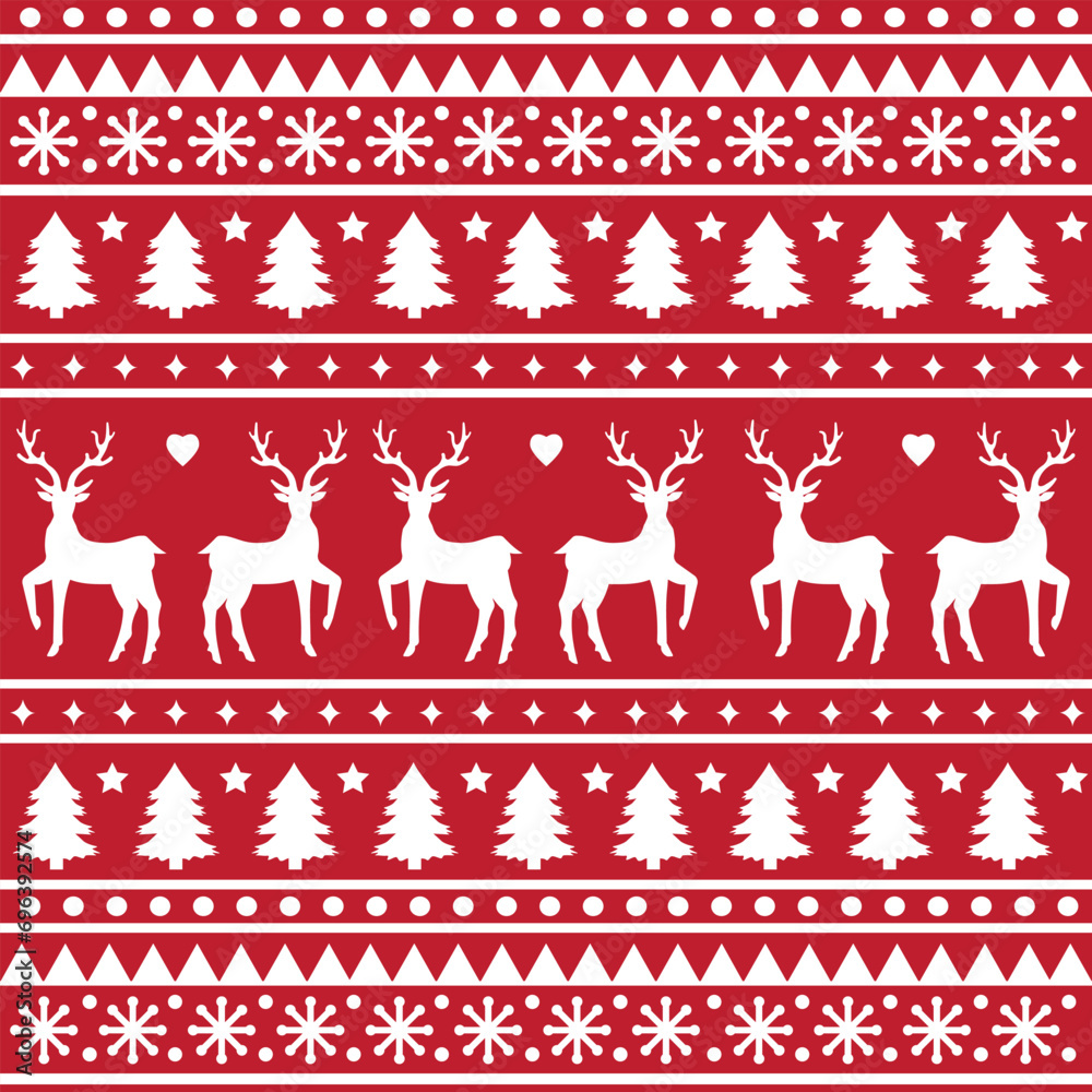 Seamless Scandinavian pattern for Christmas and New Year for winter hat, ugly sweater, jumper, paper or other designs. - obrazy, fototapety, plakaty 