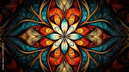 A colorful stained glass window with a orange and blue mandala abstract background