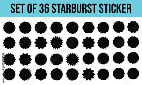 Star burst stickers. Used in Discount promo stamps. Circle, round splash badges. Black tag product labels. Set starburst shapes isolated on white background. Flat illustration. photo