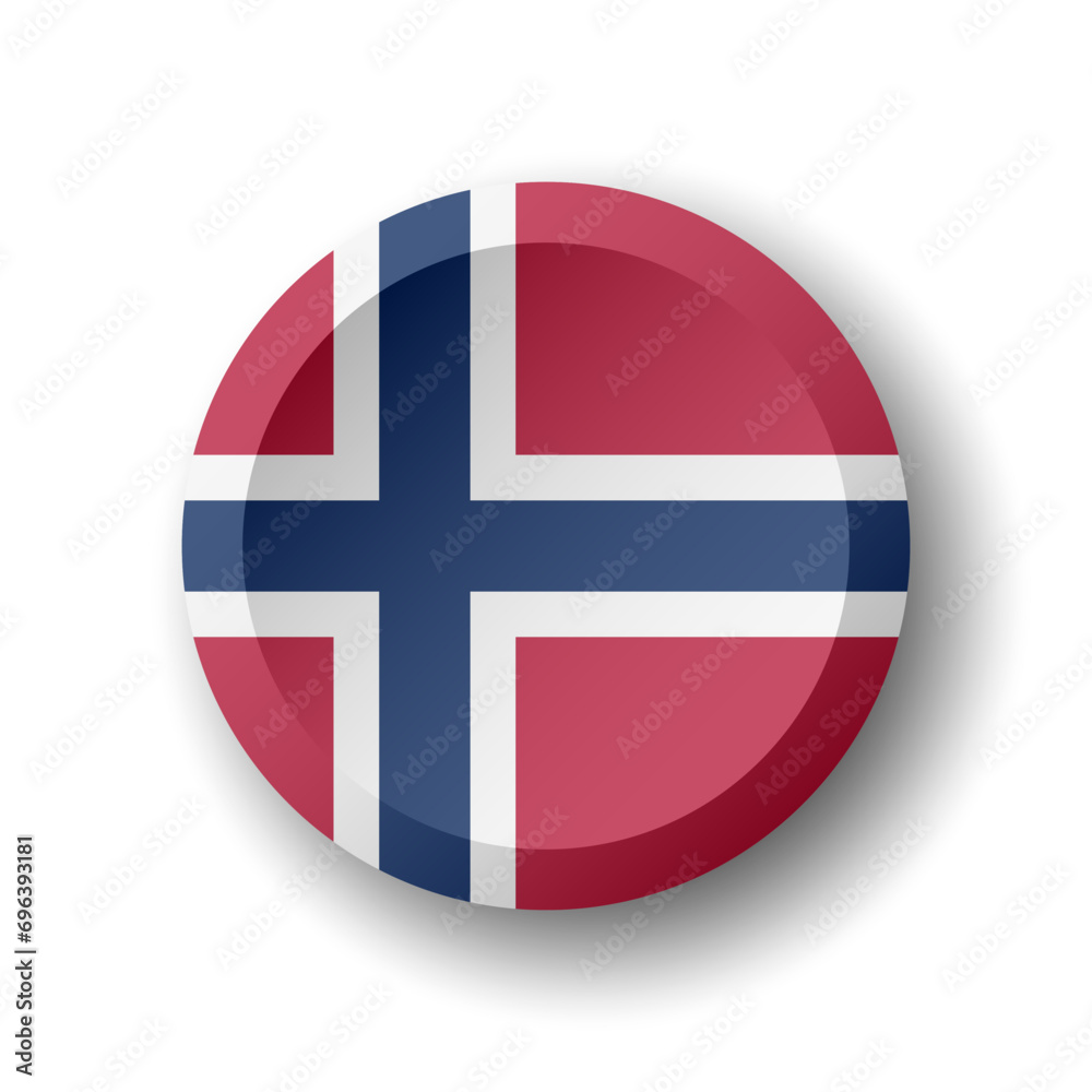 Norway flag - 3D circle button with dropped shadow. Vector icon.