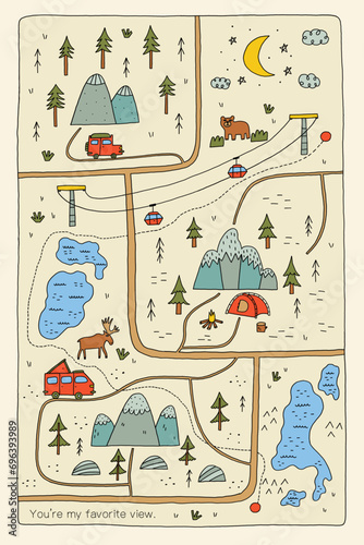 Doodle Mountain Lake Rustic Road Map. Vector hand drawn illustration for print design, poster