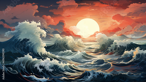 Illustration of powerful foamy sea waves rolling