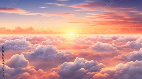 Dawn, dusk, sunset, sunrise, twilight sky with clouds, plane flying above clouds, orange clouds, pink clouds, sunlight, heaven, pastel colors, sky background, and cirrus clouds © Ege