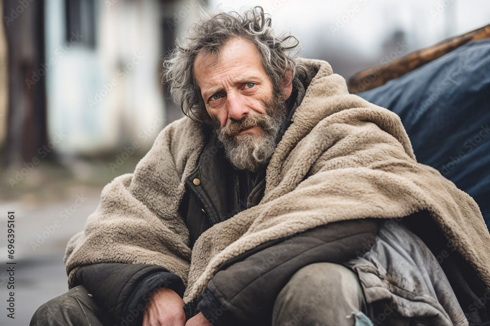 Fototapeta premium Generative AI picture of desperate homeless person man woman child poor helpless in the street
