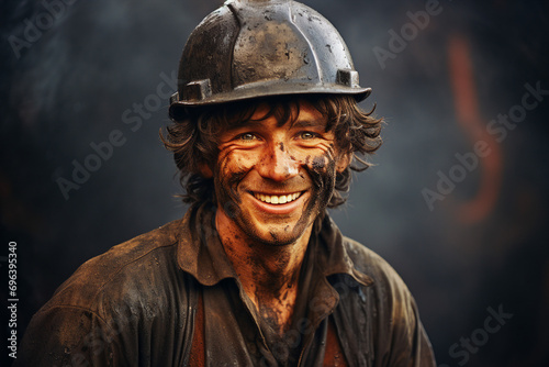 Person in protective helmet extracting energy resources and natural minerals generative AI photo