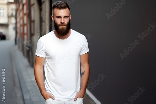 t-shir design mockup, a man wearing a plain white t-shirt, ideal for showcasing design concepts in a real-world setting