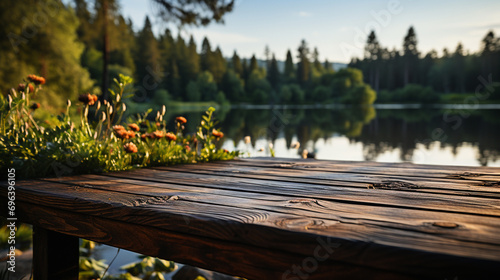 A wooden table top in front with a blurred background of summer lakes and green forests.