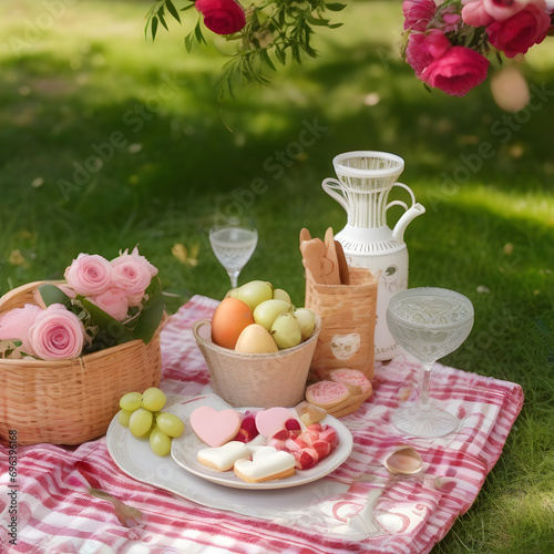 Picnic in the garden with a Valentine's theme