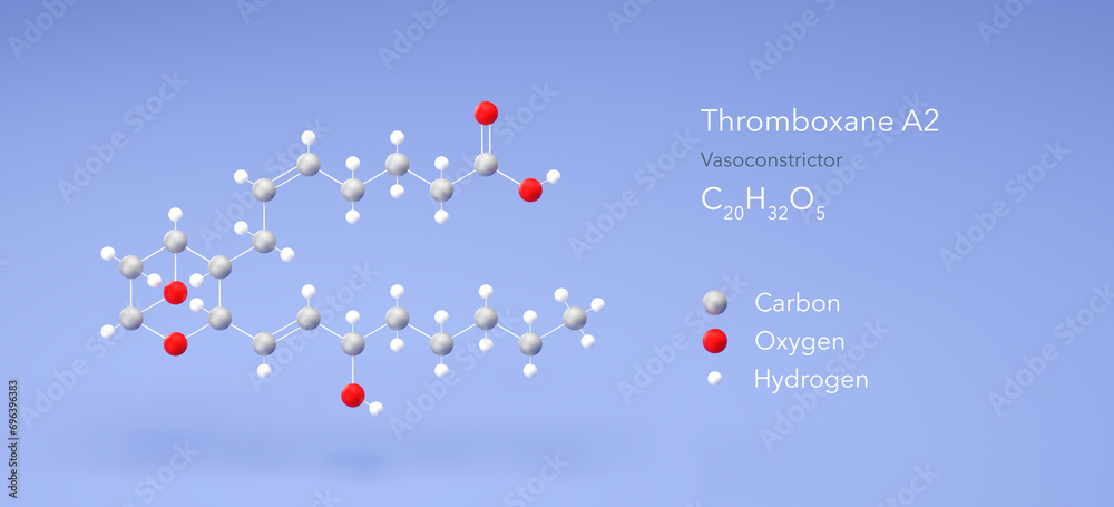 thromboxane a2 molecule, molecular structures, vasoconstrictor, 3d model, Structural Chemical Formula and Atoms with Color Coding thromboxane a2 molecule, molecular structures, vasoconstrictor, 3d model, Structural Chemical Formula and Atoms with Color Coding